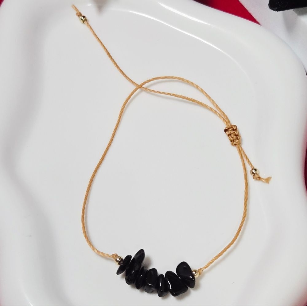 Obsidian Natural Stone Chip Bracelet Adjustable Boho Woven Cord Unisex Crystal